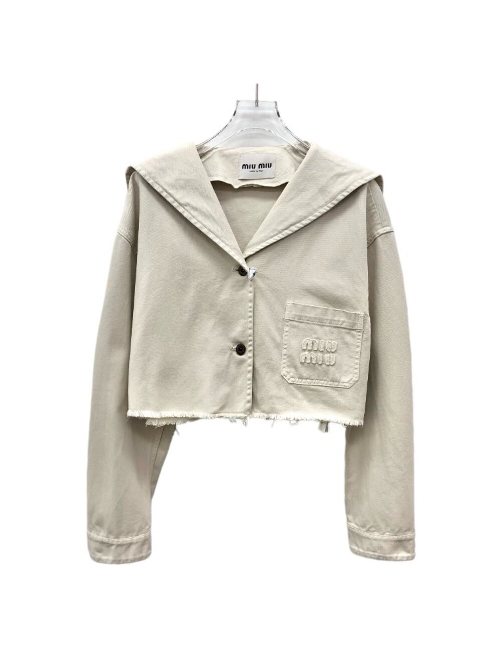 Miu Miu 2022 Beige Logo-Embroidered Cotton Sailor-Collar Jacket